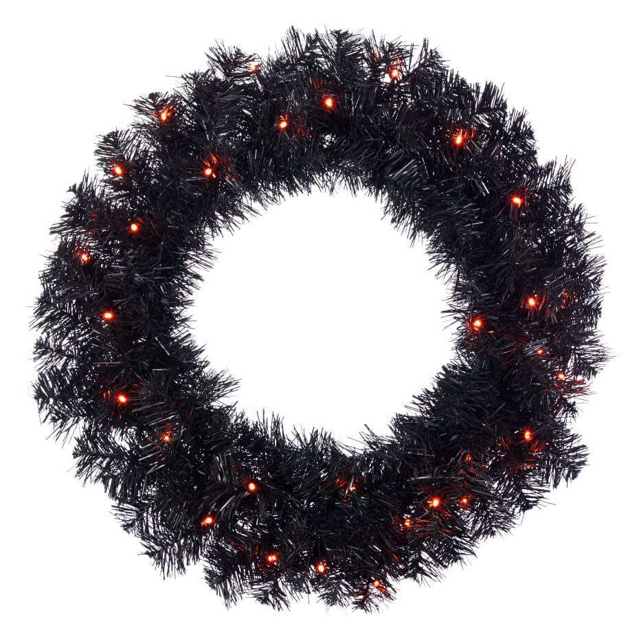 Black Halloween Lighted Wreath With Orange Lights