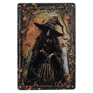 Witch-like figure in a black dress and wide-brimmed hat with long, flowing hair.