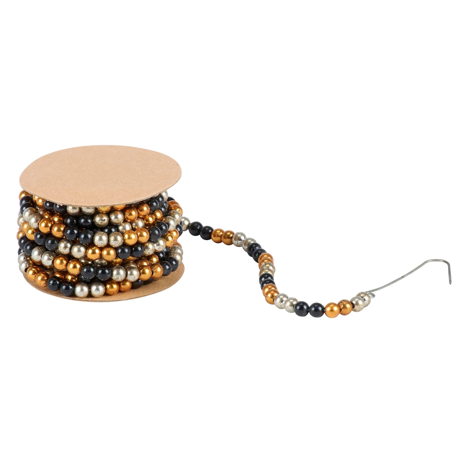 A spool of black rings garland with alternating black gold and silver metallic beads perfect for holiday garlands