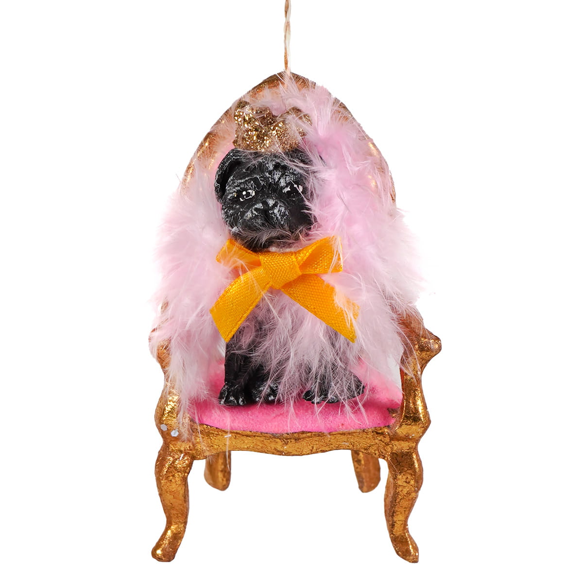 Black regal pug ornament with golden crown and orange bow seated on plush gold chair with pink feathers farm ornament