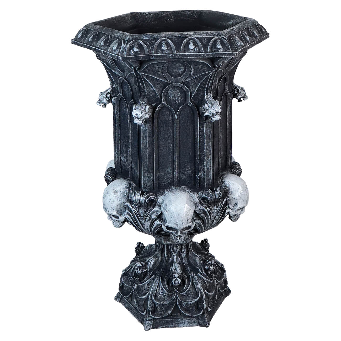 Gothic-style decorative urn with skull motifs and intricate architectural details.