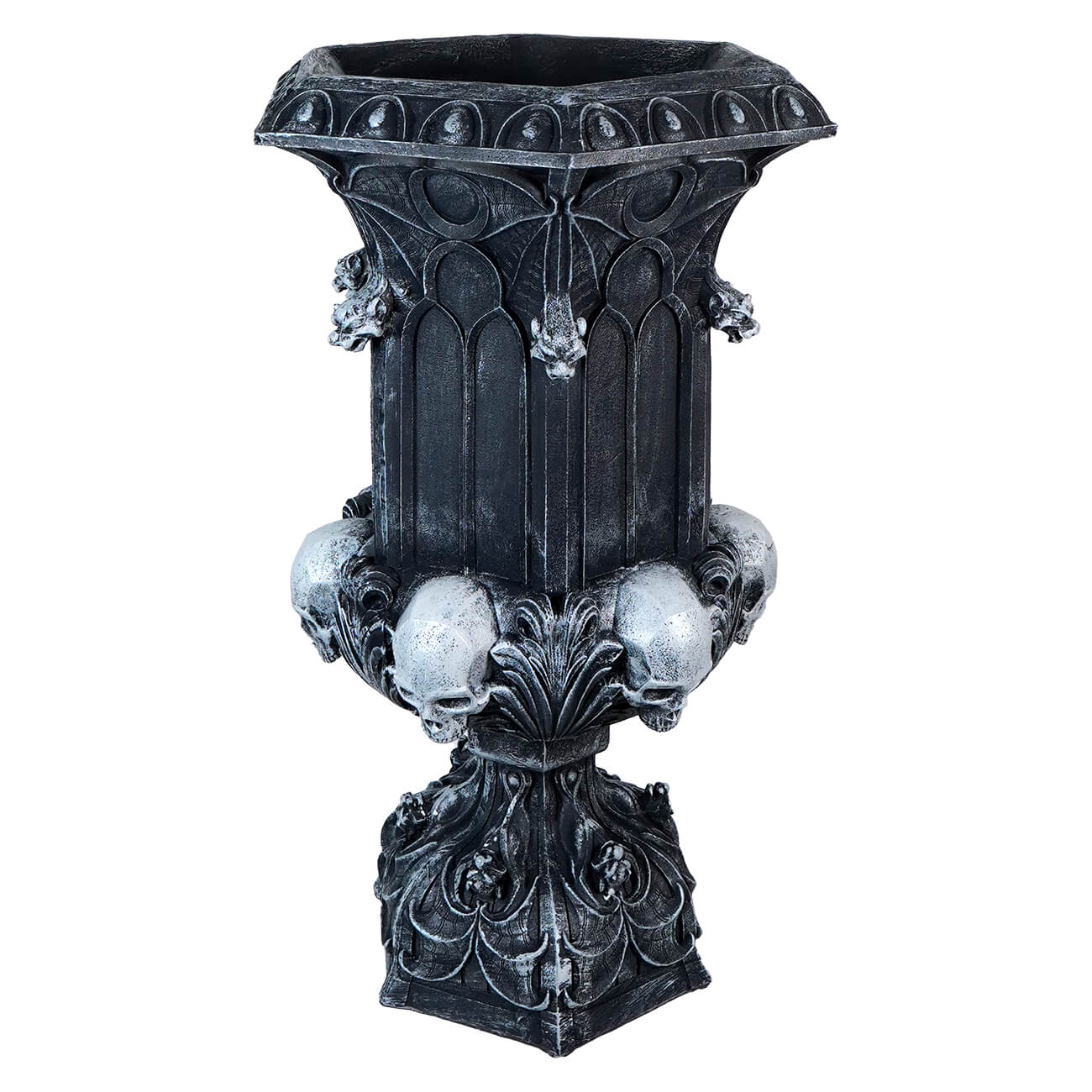 Gothic-style decorative urn with skull motifs and intricate architectural details.