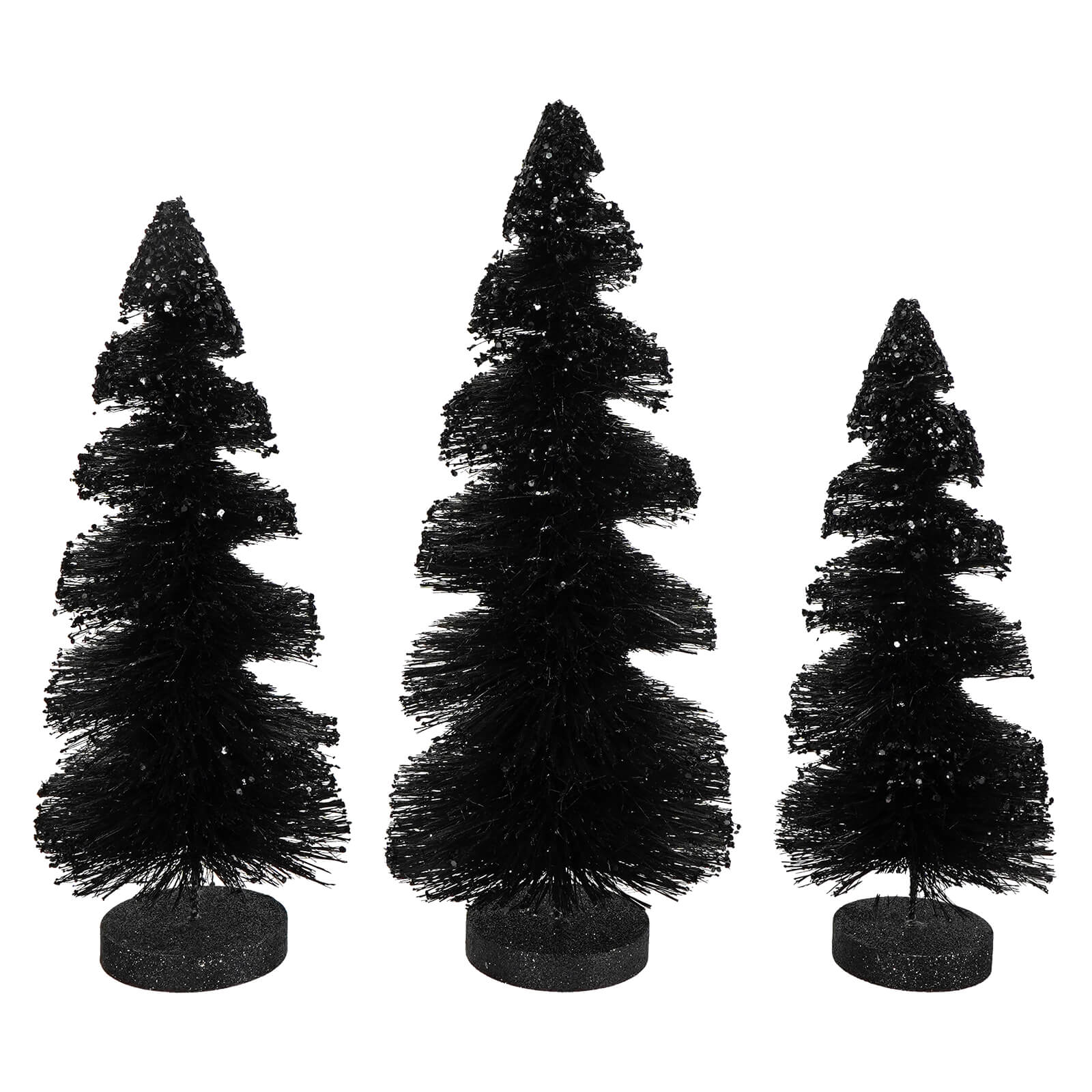 Three black glittery bottle brush trees with textured sparkly surfaces and matching circular bases from black stripes delights bottle brush trees set