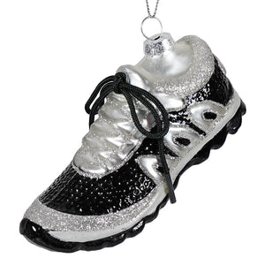 Black and silver running shoe ornament with glittery glass and metallic finish perfect for shoe ornaments decor