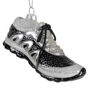 Black and silver running shoe ornament with shiny glitter and metallic finish perfect for shoe ornaments collection