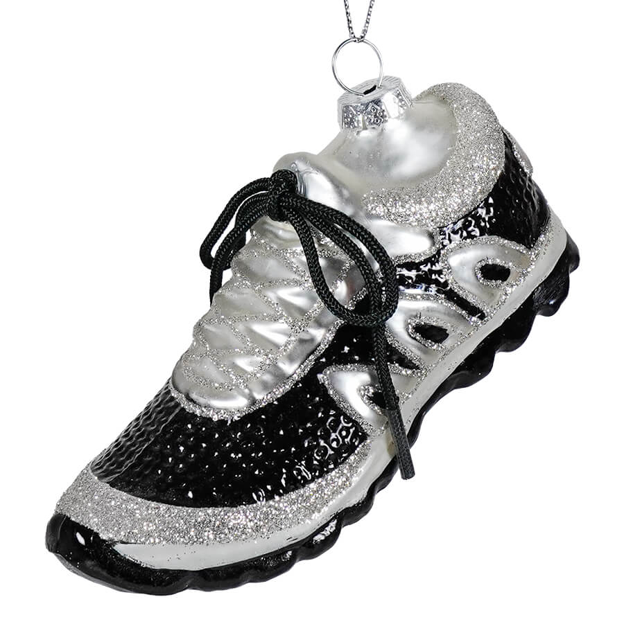 Black and silver running shoe ornament with glittery glass and metallic finish perfect for shoe ornaments decor