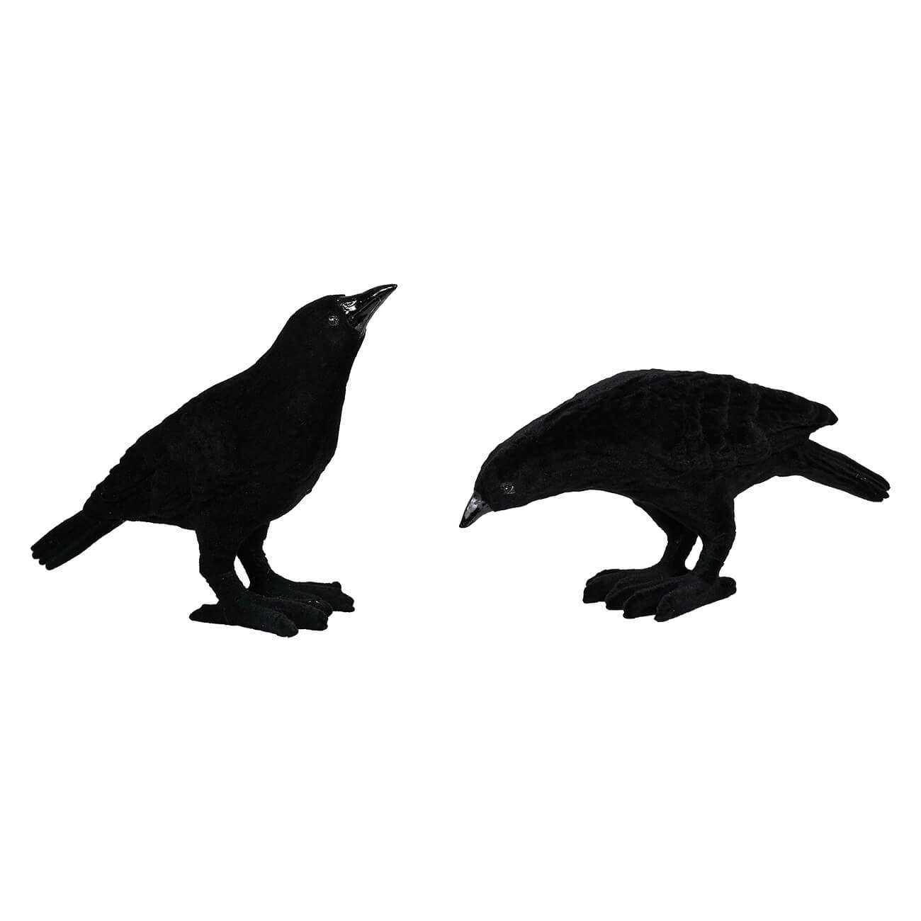 Two black velvet flocked crows with matte finish and silver eyes perfect for spooky flocked decor
