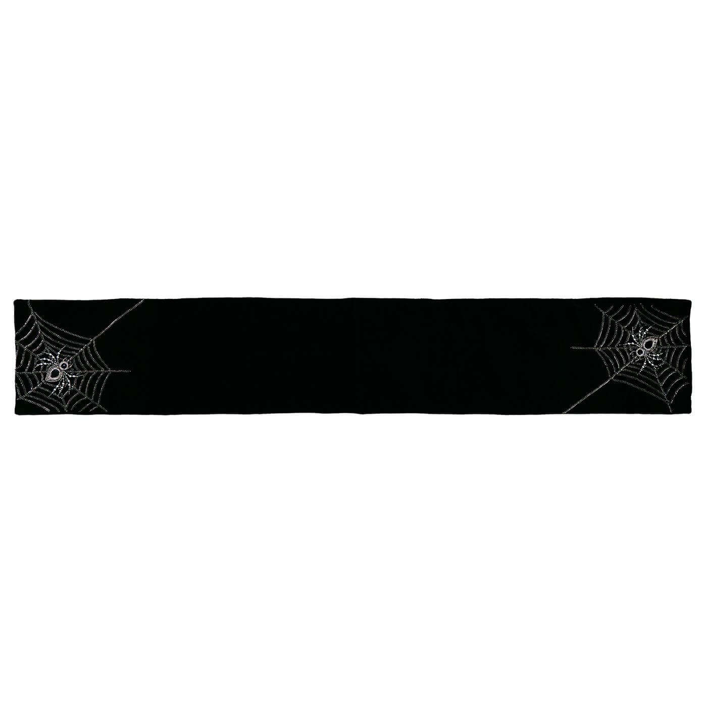 Black Velvet Table Runner With Chain Web & Beaded Spider