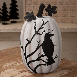 White raven pumpkin decorated with black glittery crow and branch silhouette perfect for halloween pumpkins and gourds