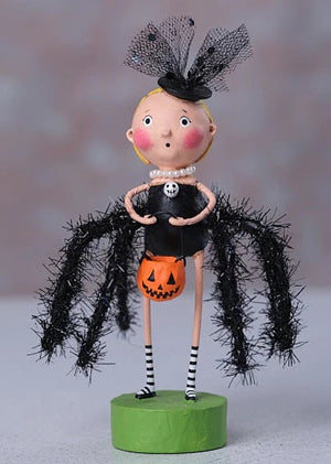 Black widow black spider figurine with lace veil pearl necklace and orange pumpkin basket lori mitchell halloween