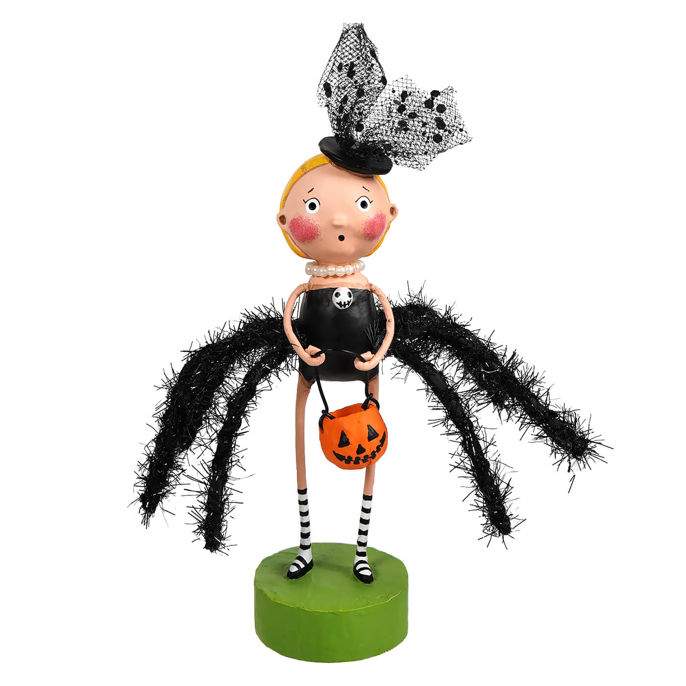 Halloween lori mitchell black widow figurine of a blonde girl in black dress with striped stockings holding jack o lantern bucket
