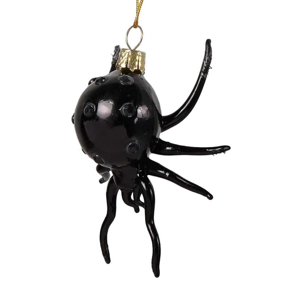 Black widow spider glass ornament by cody foster featuring black glass octopus design with gold toned hanging loop for holiday décor