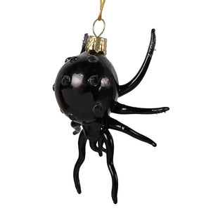 Black widow spider glass ornament by cody foster featuring black glass octopus design with gold toned hanging loop for holiday décor