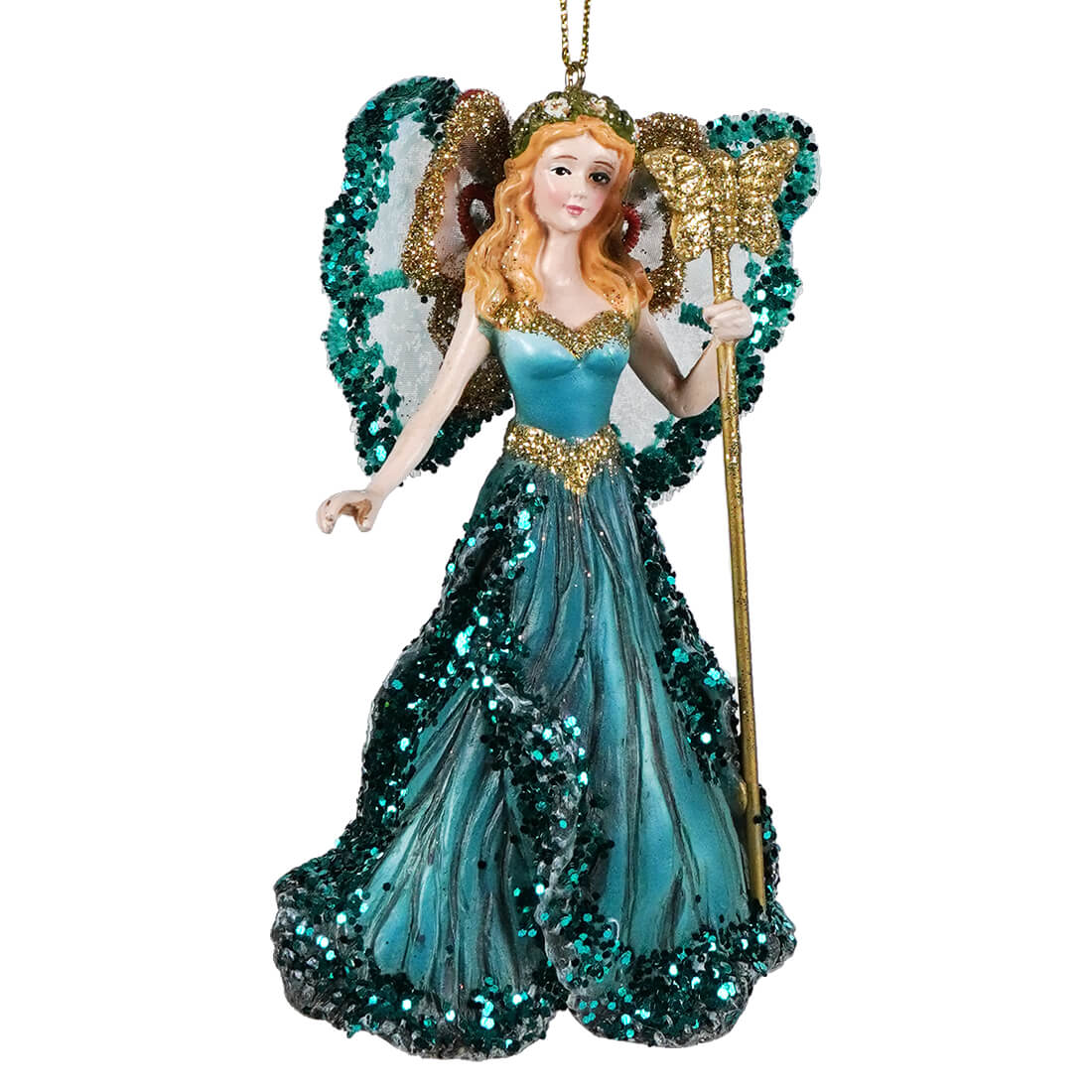 Blonde fairy queen resin ornament with glittery angel design perfect as a festive fairy ornament for christmas decor