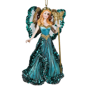 Blonde fairy queen resin ornament with glittery angel design perfect as a festive fairy ornament for christmas decor