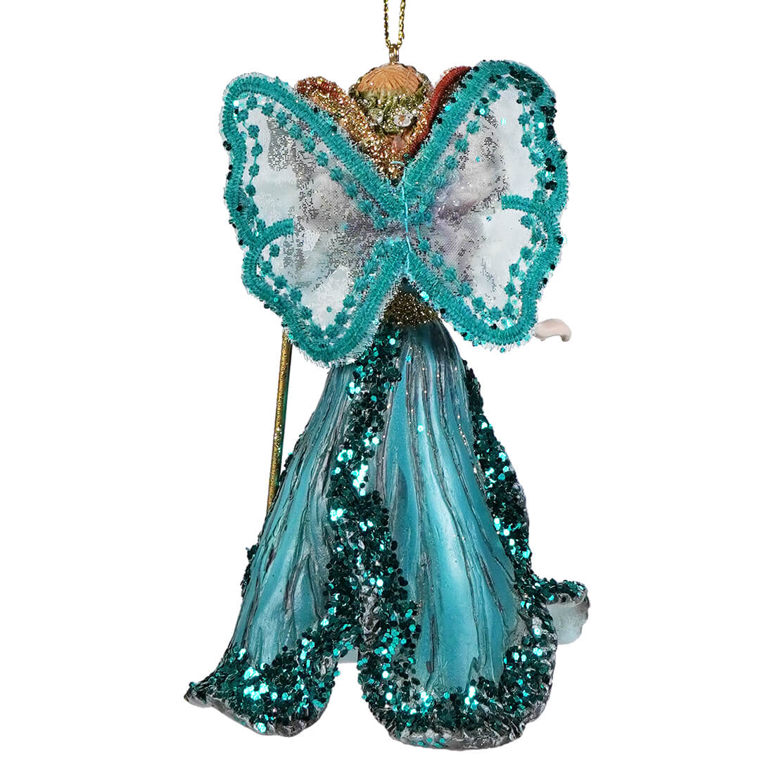 Blonde fairy queen resin ornament with turquoise silver sequins butterfly-winged sleeves and golden headpiece accents