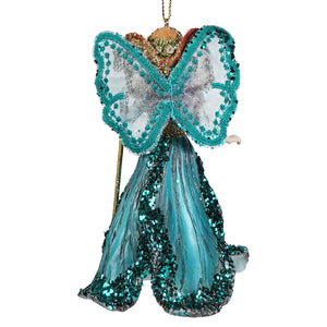 Blonde fairy queen resin ornament with turquoise silver sequins butterfly-winged sleeves and golden headpiece accents