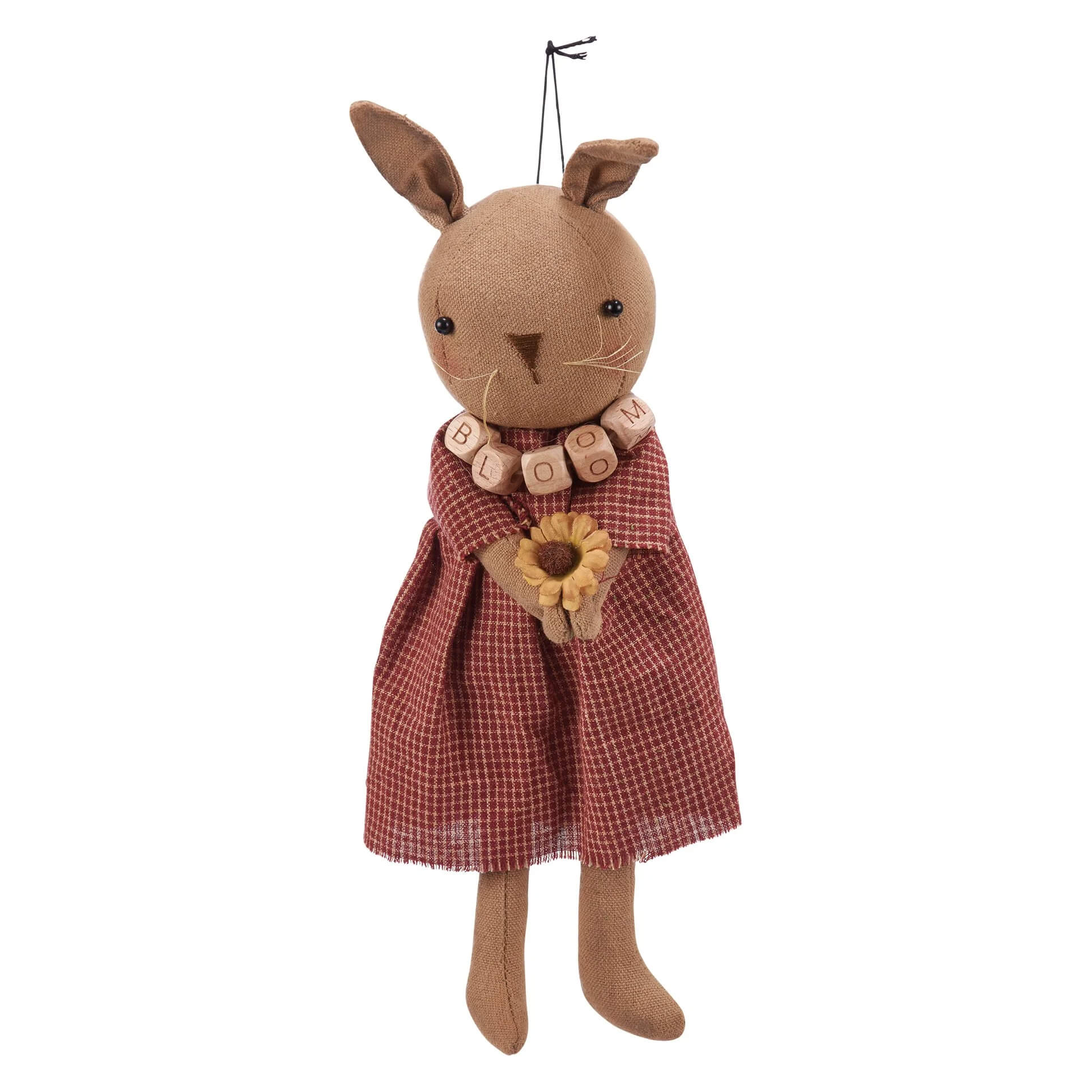 A charming brown fabric bloom bunny doll in a red checkered dress holding a sunflower with bloom necklace