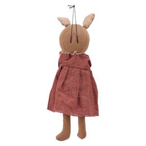 Rustic brown fabric bloom bunny doll wearing a red and white checkered dress perfect for cozy decor