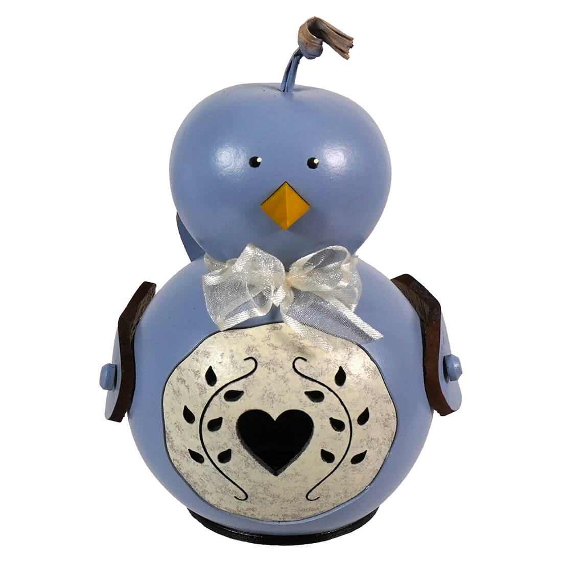 Blue bird miniature luminary hand-crafted gourd in light blue with silver bow tie and heart cutout by meadowbrooke gourds artisans