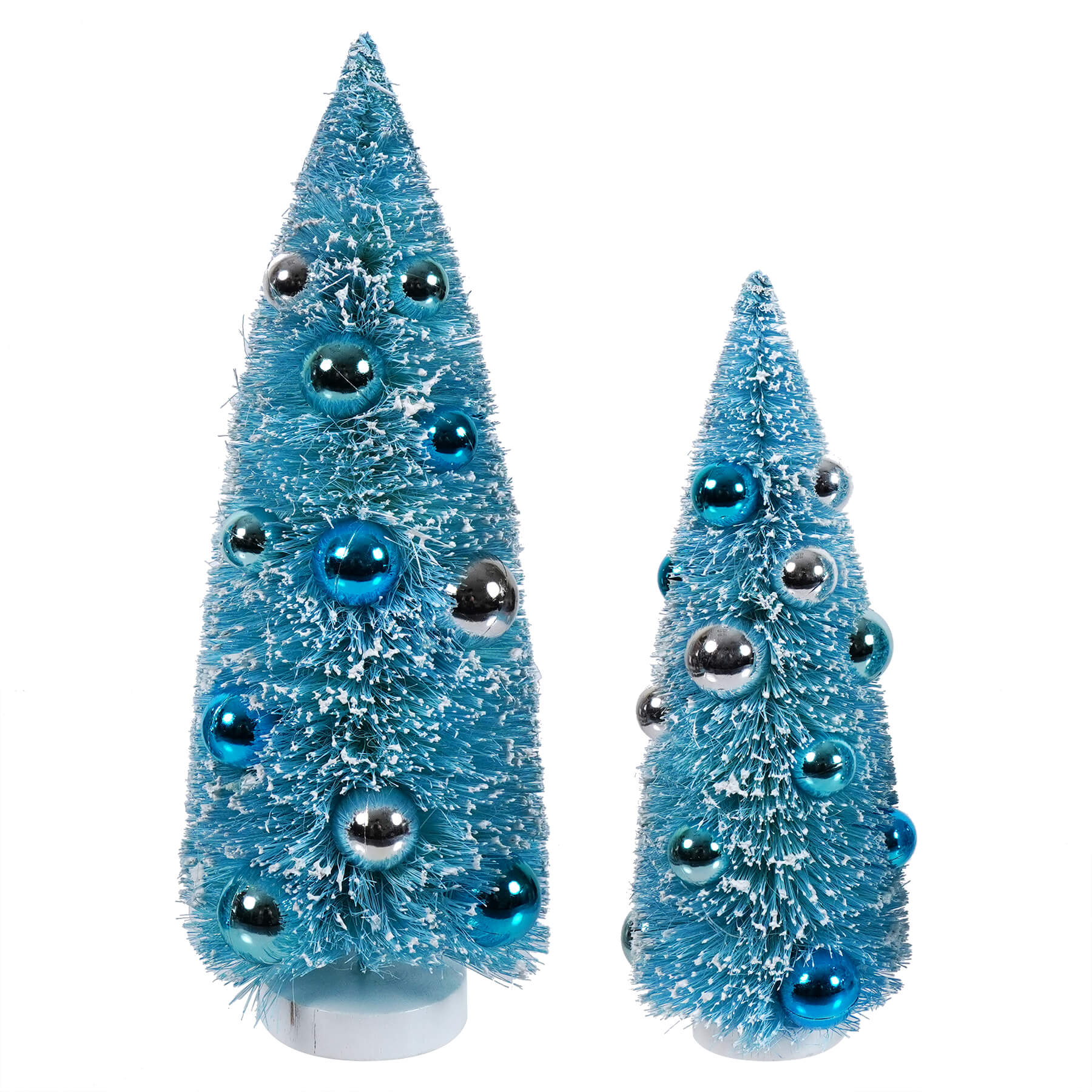 Two turquoise blue bottle brush trees with shiny blue and silver ornaments vintage christmas village trees set of 2