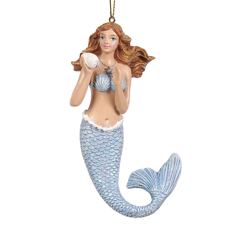 Blue Brunette Mermaid Holding Shell Ornament