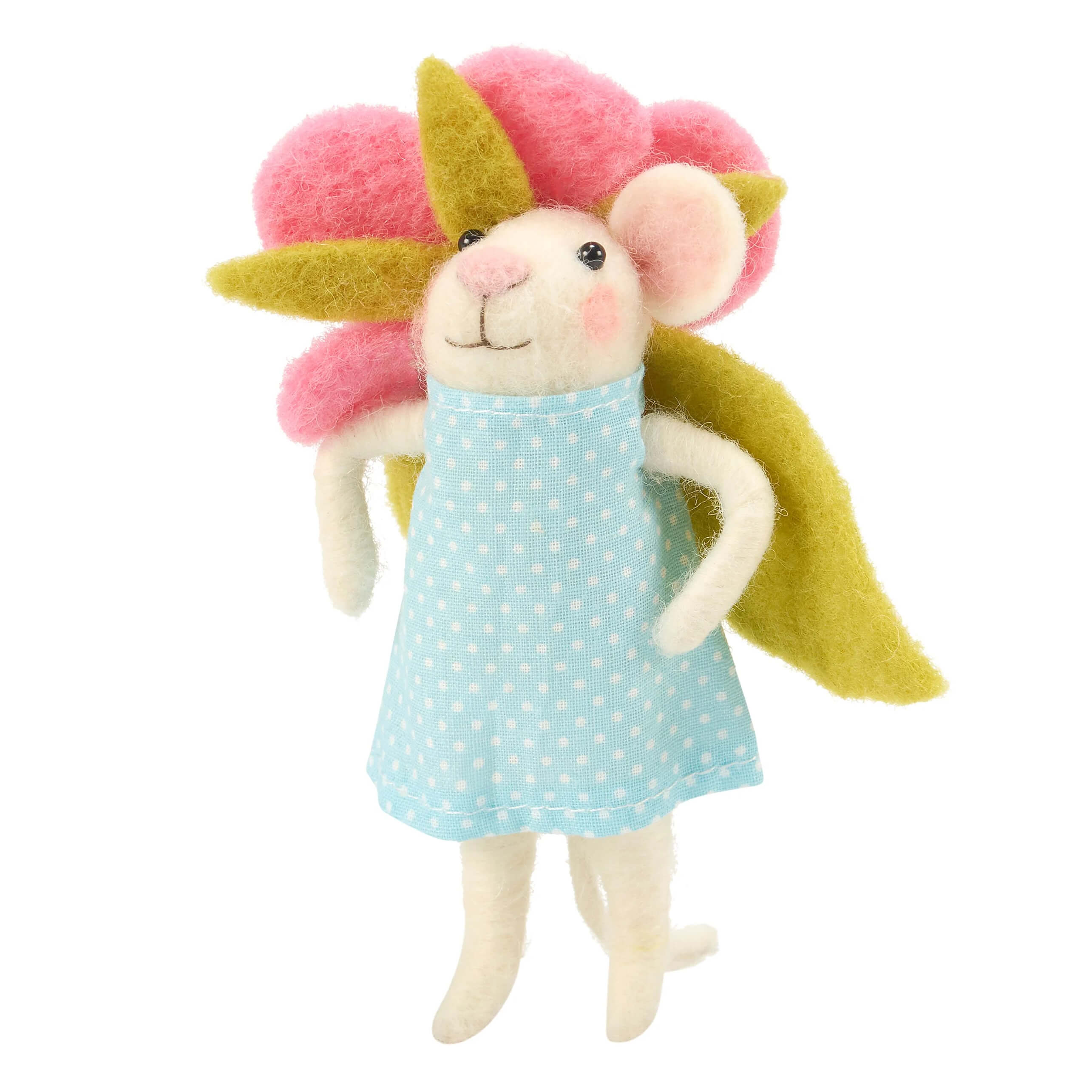 A charming needle-felted mouse critter wearing a blue polka-dot dress with pink and yellow flower wings for easter and spring tabletop decor