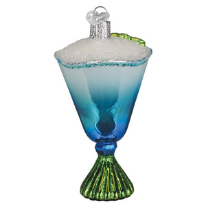 Blue glacier cocktail ornament blue gradient glass with green scalloped base and silver rim espresso martini ornament