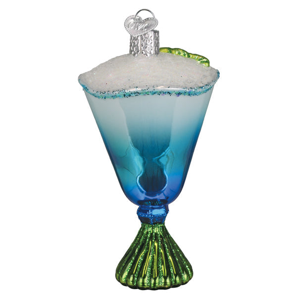 Blue glacier cocktail ornament blue gradient glass with green scalloped base and silver rim espresso martini ornament
