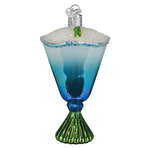 Blue glacier cocktail ornament glass dessert cup with blue gradient, green base, and silver top world christmas glass ornament