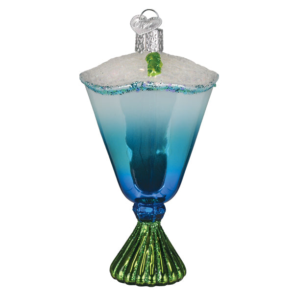 Blue glacier cocktail ornament glass dessert cup with blue gradient, green base, and silver top world christmas glass ornament