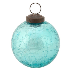 Blue ball glass ornament with turquoise crackled glass and rustic brown metal cap for hanging decor