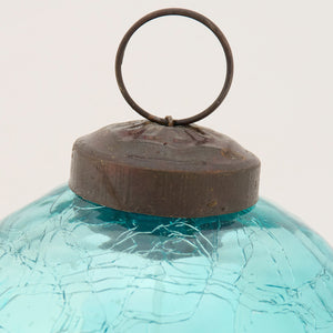 Blue ball glass ornament with turquoise crackled glass and dark bronze metal cap and ring small size ball glass
