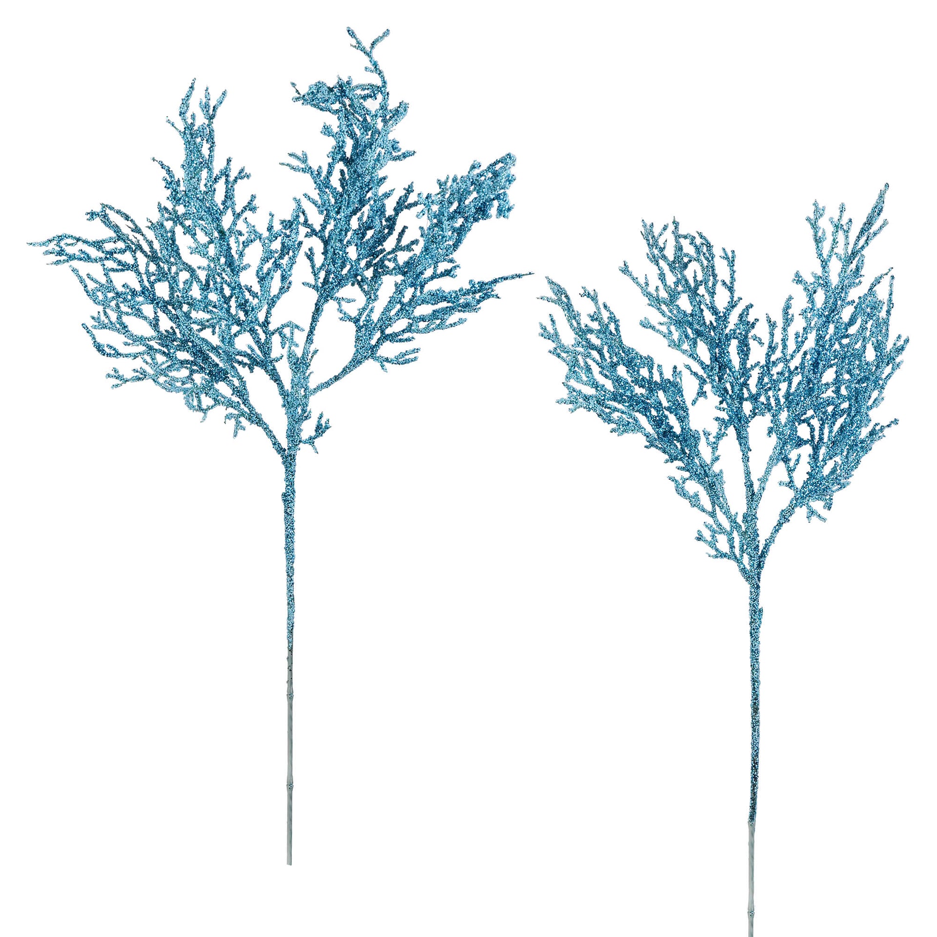 Two glittery blue artificial cedar branches in a glitter coral twig sprays set perfect for decoration