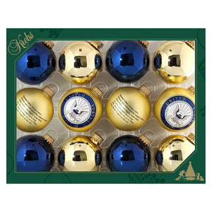 Blue and gold glass ball navy variety ball patriotic ornaments set of 12 in a green box perfect for holiday decor