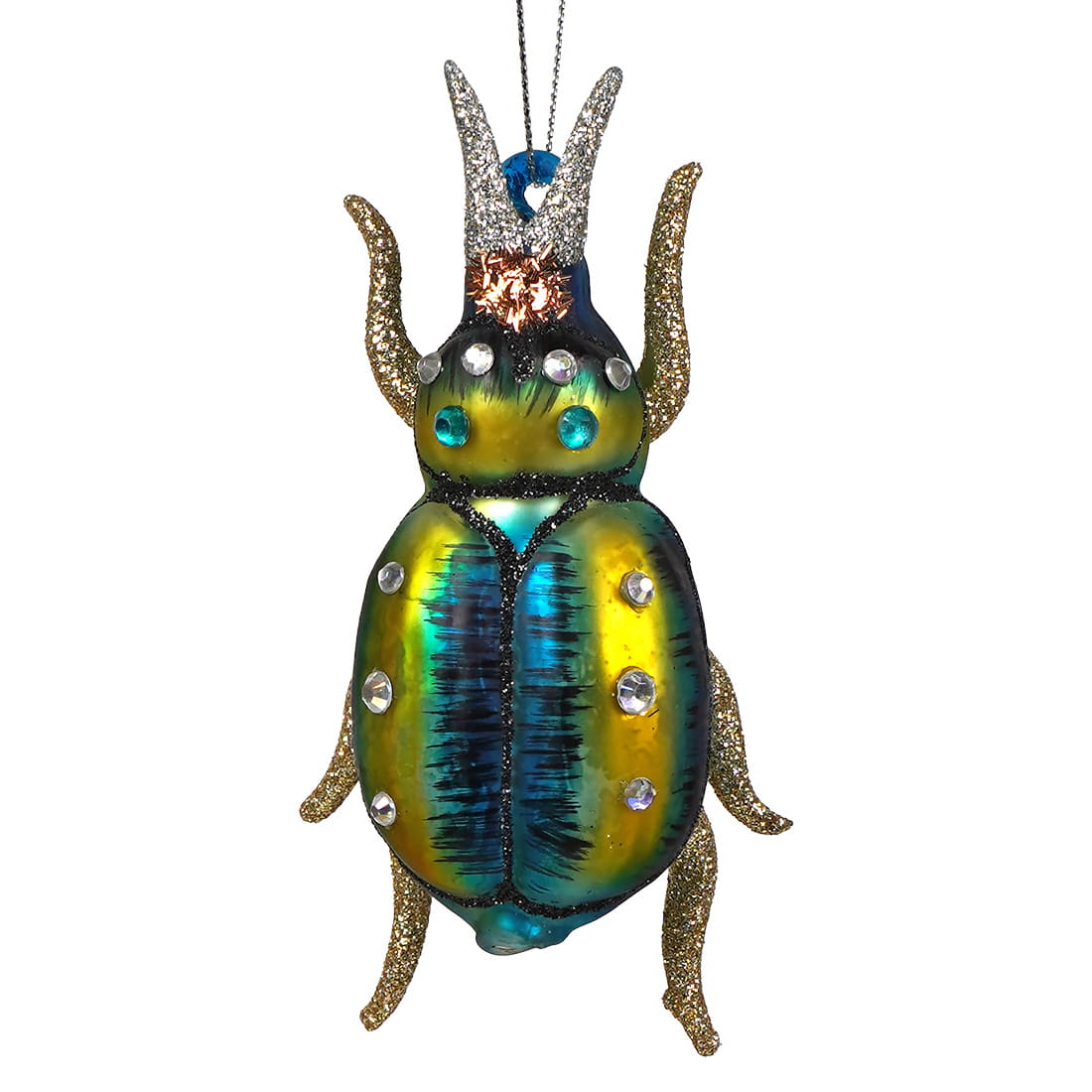 A sparkling blue and green glittered beetle ornament with glittery gold legs, rhinestones, and turquoise gemstone eyes