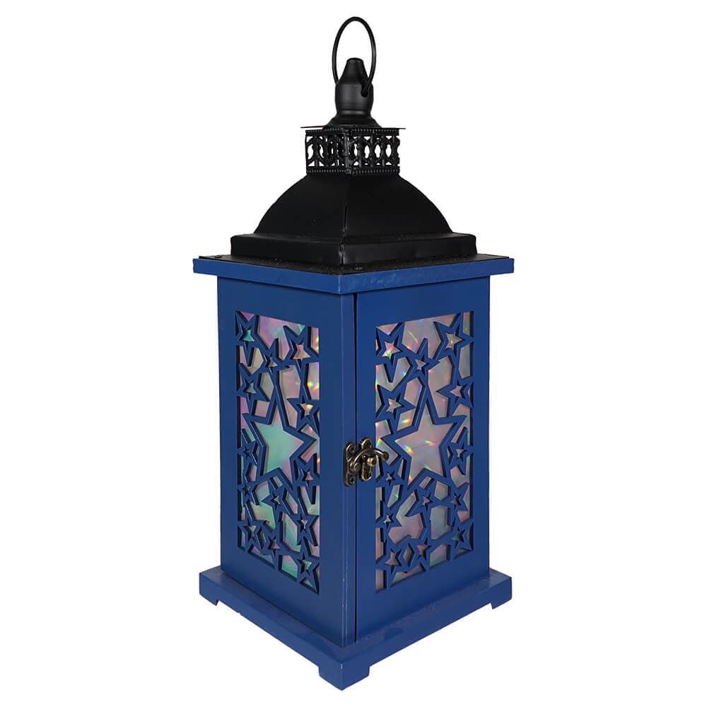 Blue Lighted Wood & Metal Patriotic Lantern