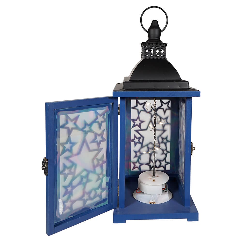 Blue Lighted Wood & Metal Patriotic Lantern