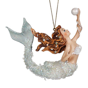 Blue Mermaid Holding Pearl Ornament