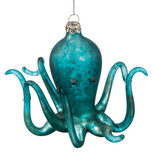 Teal glass baby octopus ornament with metallic silver cap and chain perfect for sea and beach themed ornaments