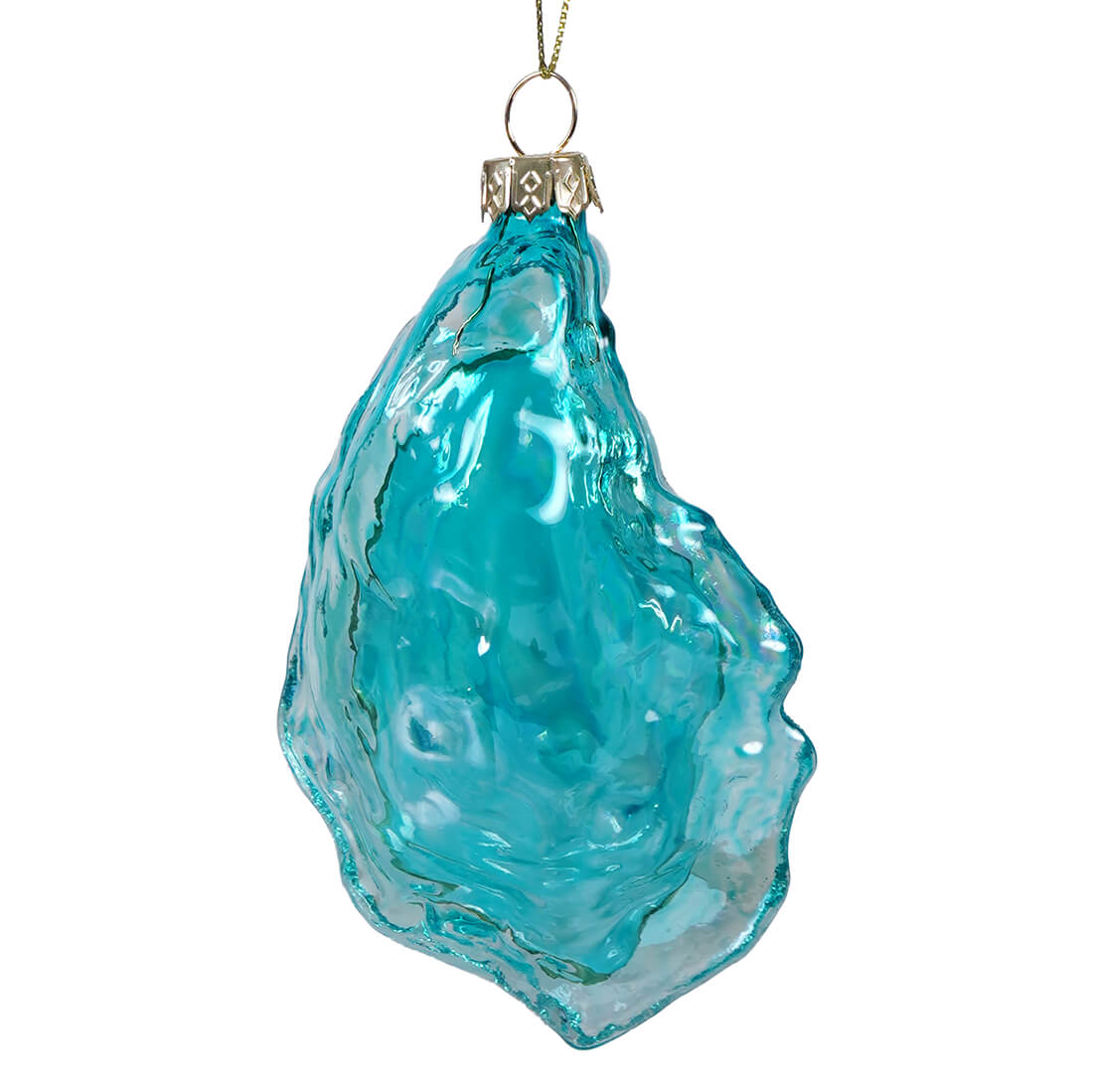 A translucent turquoise blue oyster pearl blown glass ornament with metallic cap by gallerie ii
