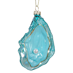 Blue oyster gallerie ii ornament featuring pearl blown glass with gold trim and a pearl inside