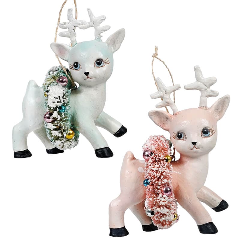 Blue & Pink Reindeer With Wreath Ornament Set/2