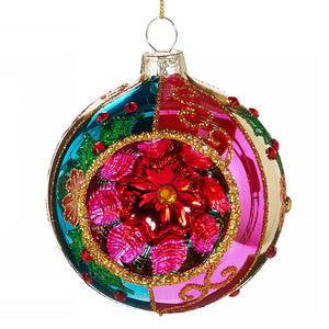 Blue and purple floral design ball witch eye ornament with colorful glass and beaded accents for holiday decor