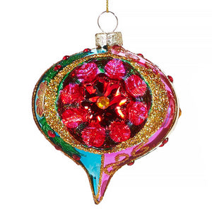 Blue and purple floral design onion witch eye ornament with red berries gold glitter glass material Christmas decor