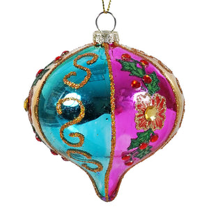 Vibrant onion witch eye ornament with purple floral design in turquoise and magenta with gold glitter swirls and holly leaves