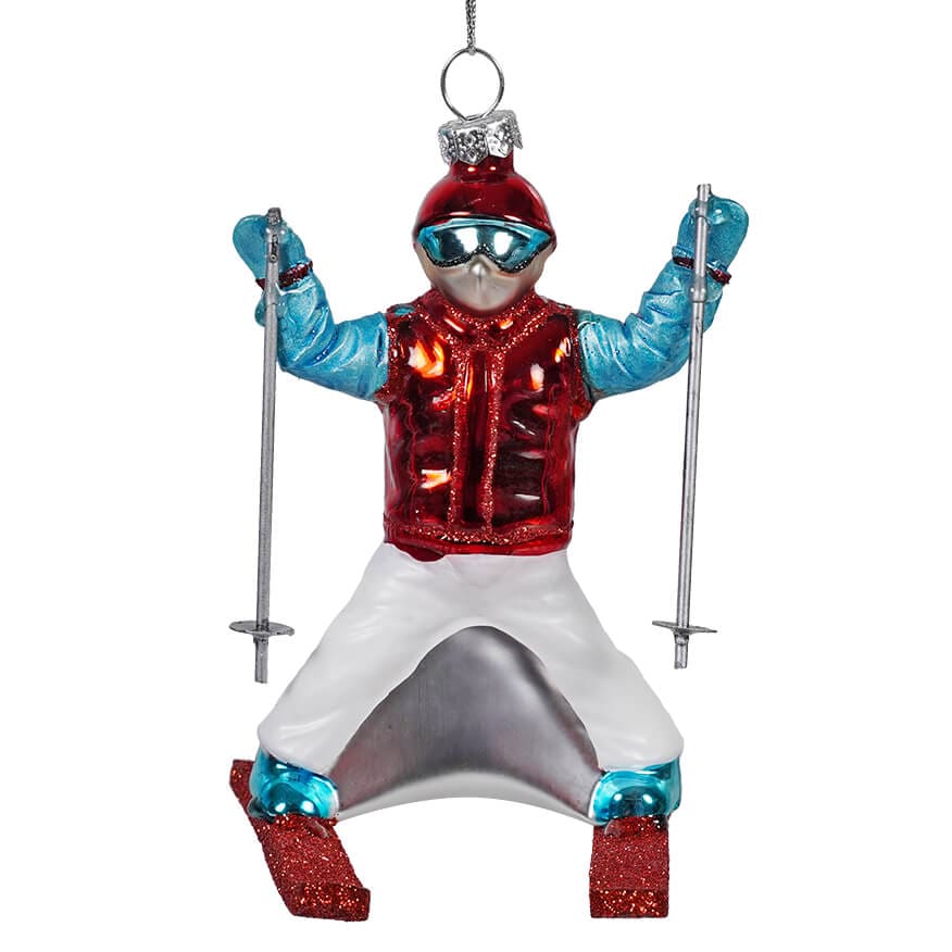 Blue & Red Plowing Skier Ornament - Ornaments