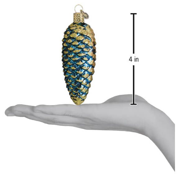 A 4-inch glass blue and gold glittery pinecone ornament perfect for small star tree or christmas tree decor