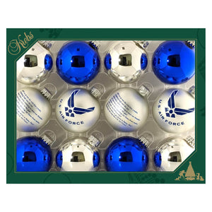 Blue and silver glass air force ornaments set with 12 variety ball ornaments perfect for holiday decor
