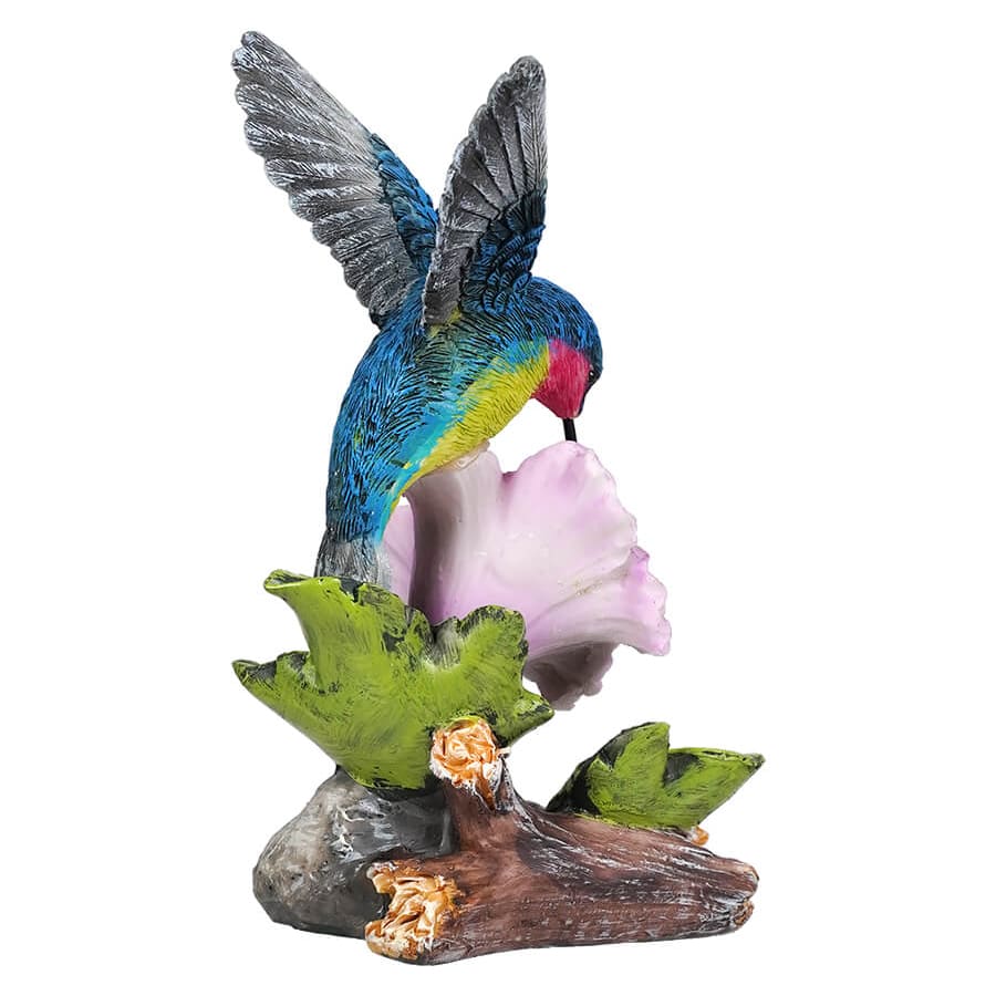 Blue, Yellow & Pink Hummingbird Feeding On Purple Flower Figure